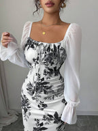 Elenzga New Women's Square Neck Tie Bow Chiffon Puff Sleeve Design Dress, Versatile For Dates, Gatherings, Daily Wear, Waist Cinching, Flattering, Elegant, Youthful, Long Dress For Spring, Summer, Autumn
