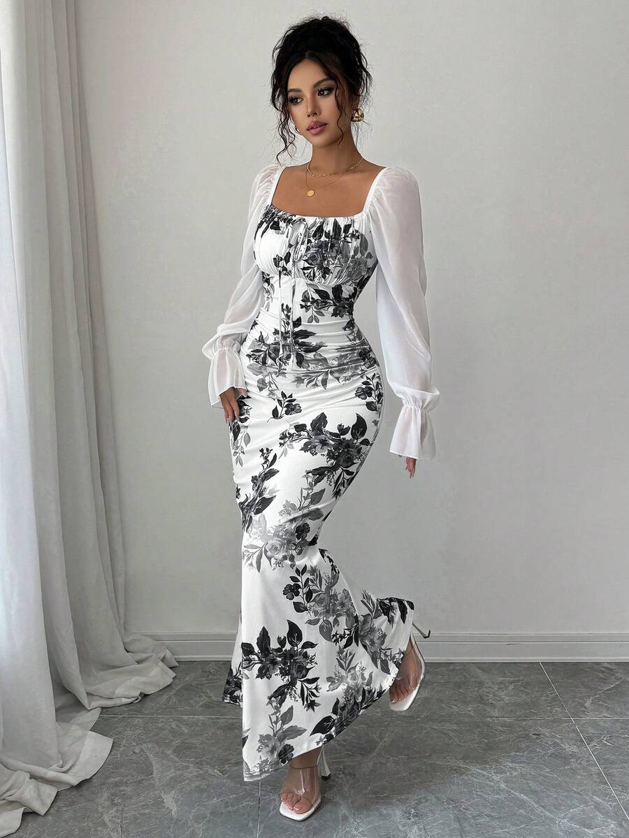 Elenzga New Women's Square Neck Tie Bow Chiffon Puff Sleeve Design Dress, Versatile For Dates, Gatherings, Daily Wear, Waist Cinching, Flattering, Elegant, Youthful, Long Dress For Spring, Summer, Autumn