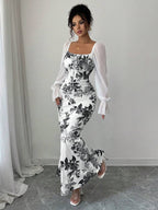 Elenzga New Women's Square Neck Tie Bow Chiffon Puff Sleeve Design Dress, Versatile For Dates, Gatherings, Daily Wear, Waist Cinching, Flattering, Elegant, Youthful, Long Dress For Spring, Summer, Autumn