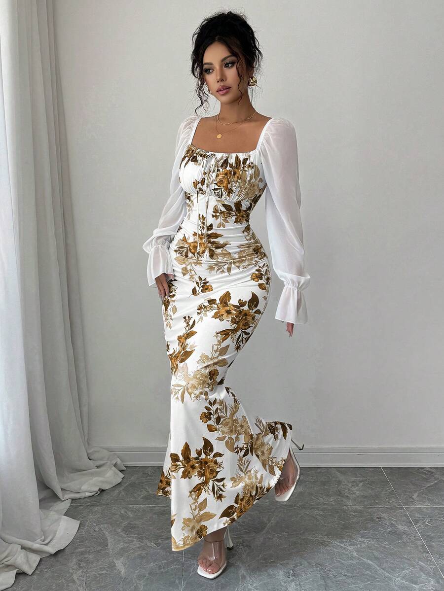 Elenzga New Women's Square Neck Tie Bow Chiffon Puff Sleeve Design Dress, Versatile For Dates, Gatherings, Daily Wear, Waist Cinching, Flattering, Elegant, Youthful, Long Dress For Spring, Summer, Autumn