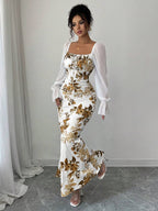 Elenzga New Women's Square Neck Tie Bow Chiffon Puff Sleeve Design Dress, Versatile For Dates, Gatherings, Daily Wear, Waist Cinching, Flattering, Elegant, Youthful, Long Dress For Spring, Summer, Autumn