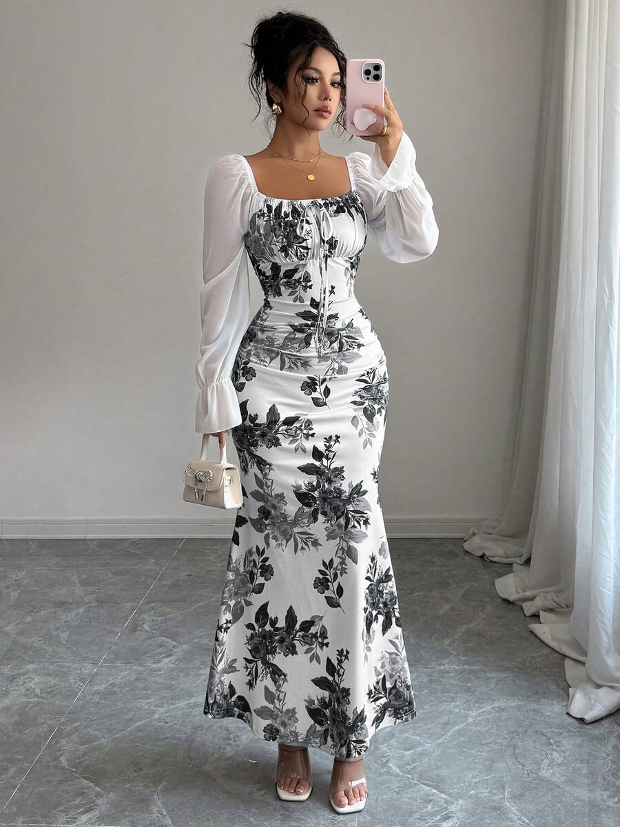 Elenzga New Women's Square Neck Tie Bow Chiffon Puff Sleeve Design Dress, Versatile For Dates, Gatherings, Daily Wear, Waist Cinching, Flattering, Elegant, Youthful, Long Dress For Spring, Summer, Autumn
