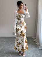 Elenzga New Women's Square Neck Tie Bow Chiffon Puff Sleeve Design Dress, Versatile For Dates, Gatherings, Daily Wear, Waist Cinching, Flattering, Elegant, Youthful, Long Dress For Spring, Summer, Autumn