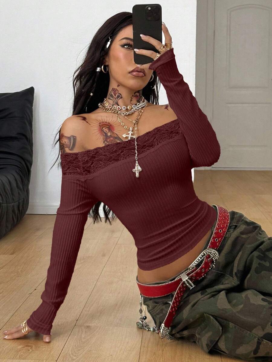 Coolane Women's Winter Streetwear Basic Casual Y2K Rib Knit Witchy Goth Music Festival  Lace Patchwork Off The Shoulder Warm/ Cold Weather/ Thermal Long Sleeve Black Top
