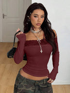 Coolane Women's Winter Streetwear Basic Casual Y2K Rib Knit Witchy Goth Music Festival  Lace Patchwork Off The Shoulder Warm/ Cold Weather/ Thermal Long Sleeve Black Top
