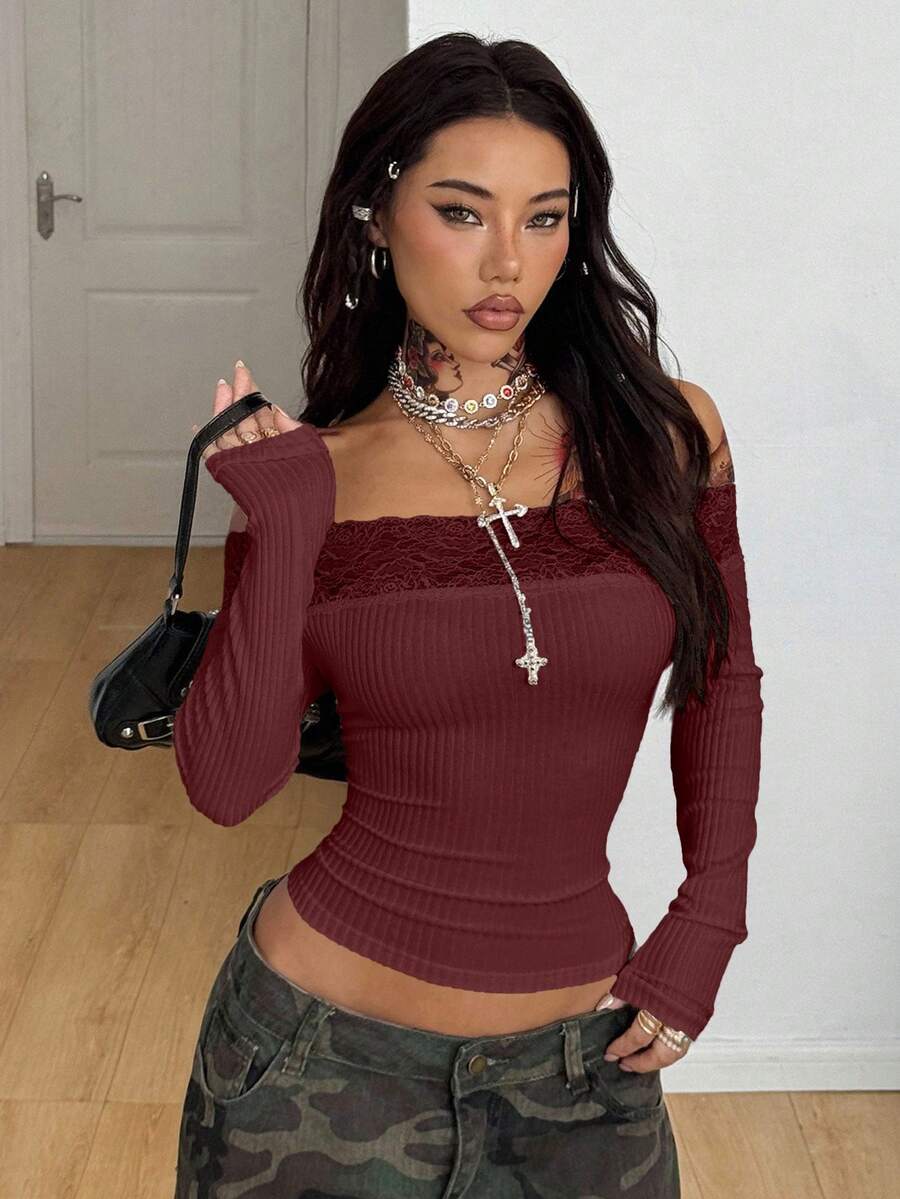 Coolane Women's Winter Streetwear Basic Casual Y2K Rib Knit Witchy Goth Music Festival  Lace Patchwork Off The Shoulder Warm/ Cold Weather/ Thermal Long Sleeve Black Top