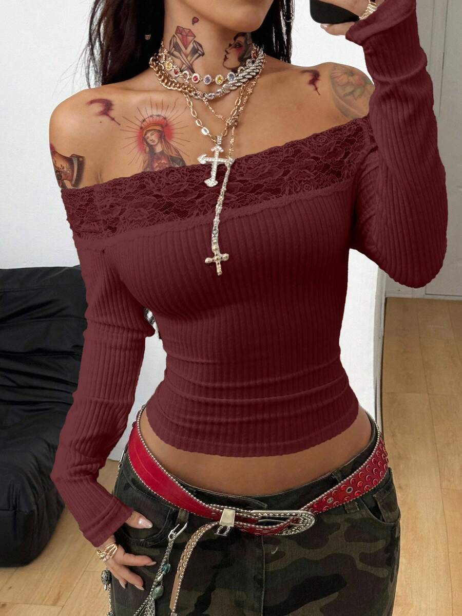 Coolane Women's Winter Streetwear Basic Casual Y2K Rib Knit Witchy Goth Music Festival  Lace Patchwork Off The Shoulder Warm/ Cold Weather/ Thermal Long Sleeve Black Top