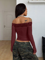 Coolane Women's Winter Streetwear Basic Casual Y2K Rib Knit Witchy Goth Music Festival  Lace Patchwork Off The Shoulder Warm/ Cold Weather/ Thermal Long Sleeve Black Top