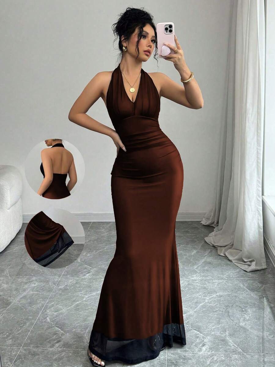 Rafferiza Elegant Bodycon Fishtail Hem V-Neck Waist Pleated Knit Mesh With Rose Red Lining Long Dress For Women, Autumn/Winter Fall Cloth For Women