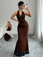 Rafferiza Elegant Bodycon Fishtail Hem V-Neck Waist Pleated Knit Mesh With Rose Red Lining Long Dress For Women, Autumn/Winter Fall Cloth For Women