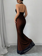 Rafferiza Elegant Bodycon Fishtail Hem V-Neck Waist Pleated Knit Mesh With Rose Red Lining Long Dress For Women, Autumn/Winter Fall Cloth For Women
