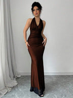 Rafferiza Elegant Bodycon Fishtail Hem V-Neck Waist Pleated Knit Mesh With Rose Red Lining Long Dress For Women, Autumn/Winter Fall Cloth For Women