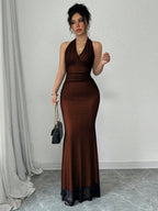 Rafferiza Elegant Bodycon Fishtail Hem V-Neck Waist Pleated Knit Mesh With Rose Red Lining Long Dress For Women, Autumn/Winter Fall Cloth For Women