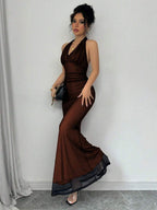 Rafferiza Elegant Bodycon Fishtail Hem V-Neck Waist Pleated Knit Mesh With Rose Red Lining Long Dress For Women, Autumn/Winter Fall Cloth For Women