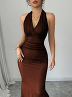 Rafferiza Elegant Bodycon Fishtail Hem V-Neck Waist Pleated Knit Mesh With Rose Red Lining Long Dress For Women, Autumn/Winter Fall Cloth For Women