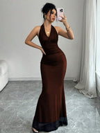 Rafferiza Elegant Bodycon Fishtail Hem V-Neck Waist Pleated Knit Mesh With Rose Red Lining Long Dress For Women, Autumn/Winter Fall Cloth For Women