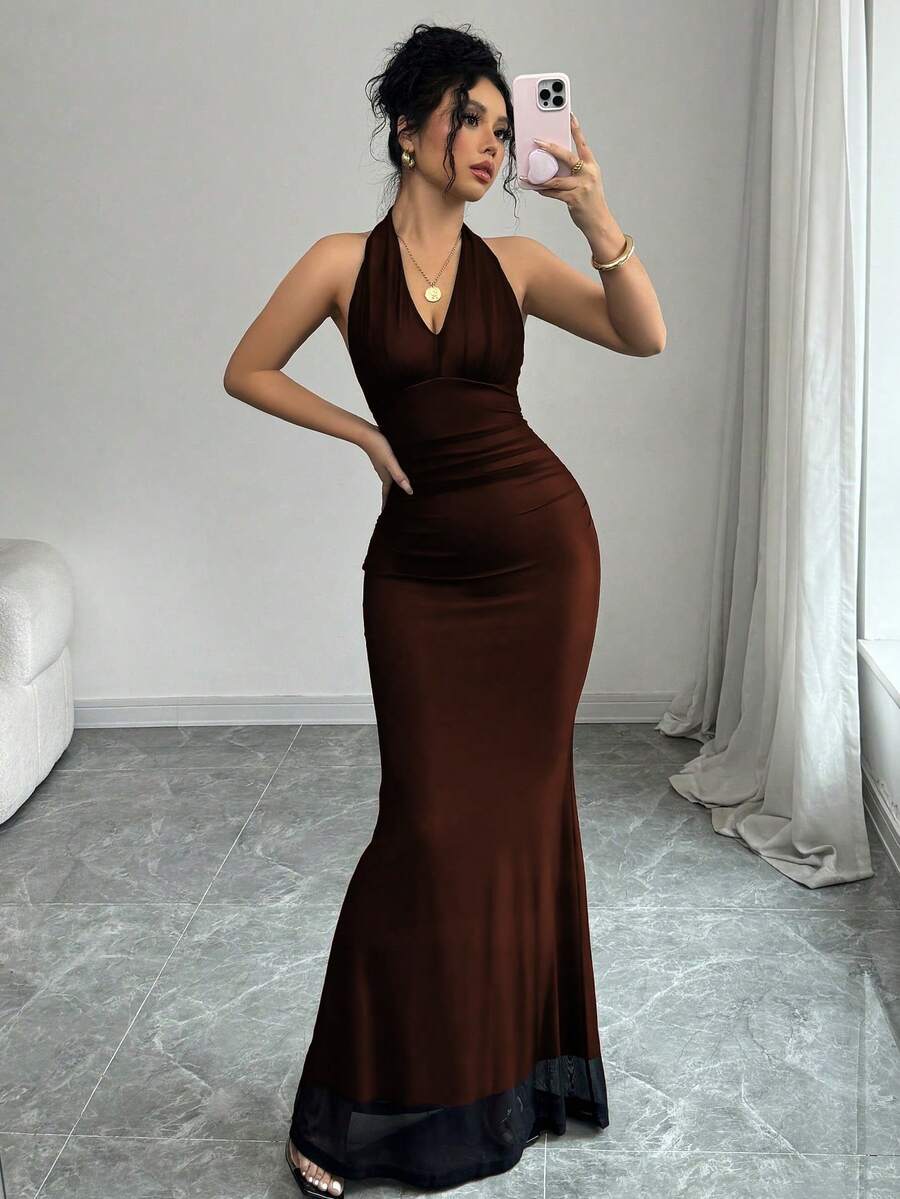 Rafferiza Elegant Bodycon Fishtail Hem V-Neck Waist Pleated Knit Mesh With Rose Red Lining Long Dress For Women, Autumn/Winter Fall Cloth For Women
