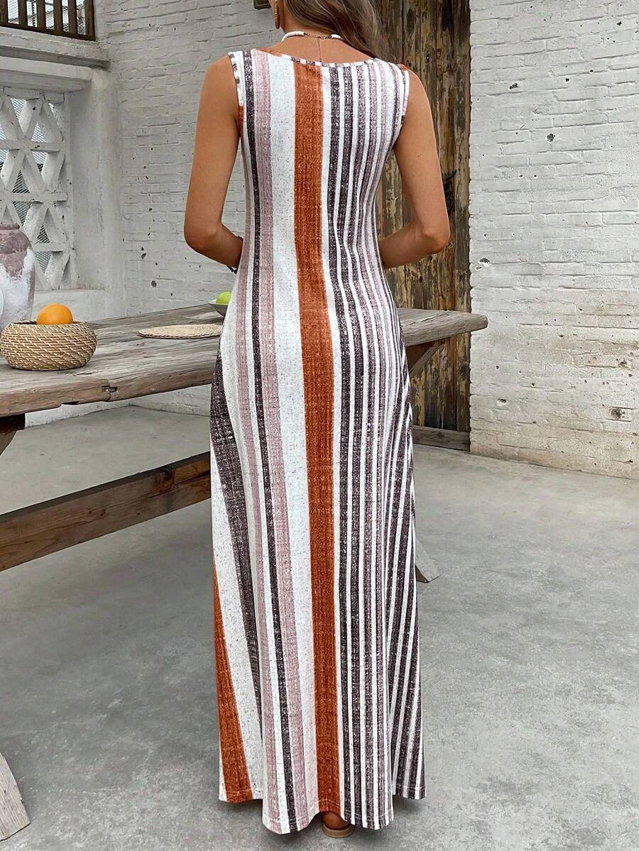 EMERY ROSE Women's Retro Striped Sleeveless Round Neck Dress
