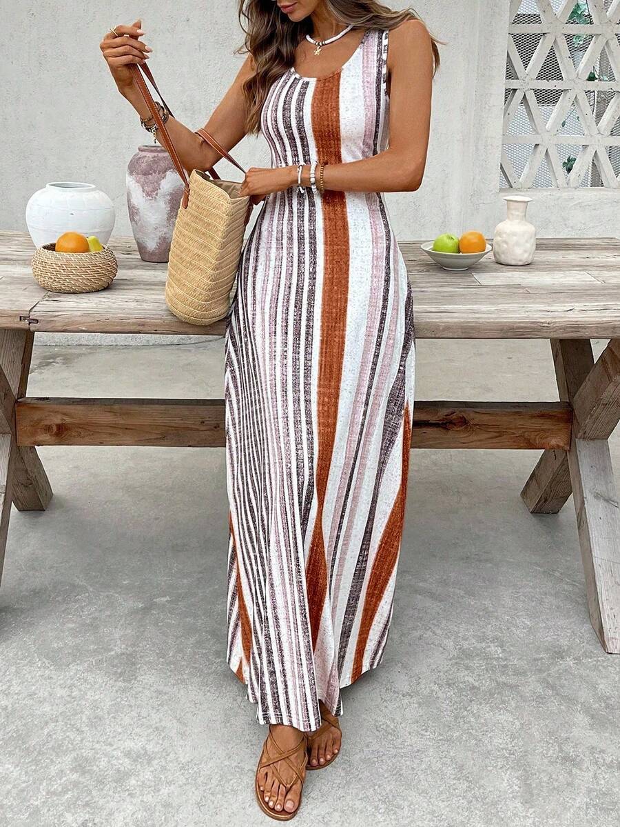 EMERY ROSE Women's Retro Striped Sleeveless Round Neck Dress