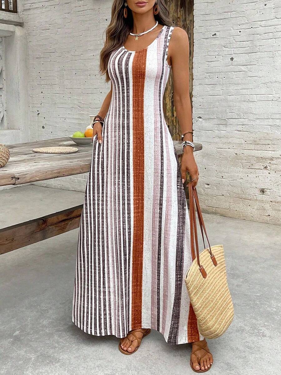 EMERY ROSE Women's Retro Striped Sleeveless Round Neck Dress