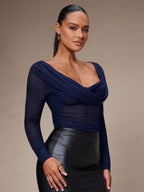Silquee Women's Solid Color Plunging Neck Long Sleeve Fitted Fashionable Mesh Blouse See Through Top Mesh Top Top Long Sleeve Top