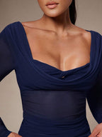 Silquee Women's Solid Color Plunging Neck Long Sleeve Fitted Fashionable Mesh Blouse See Through Top Mesh Top Top Long Sleeve Top