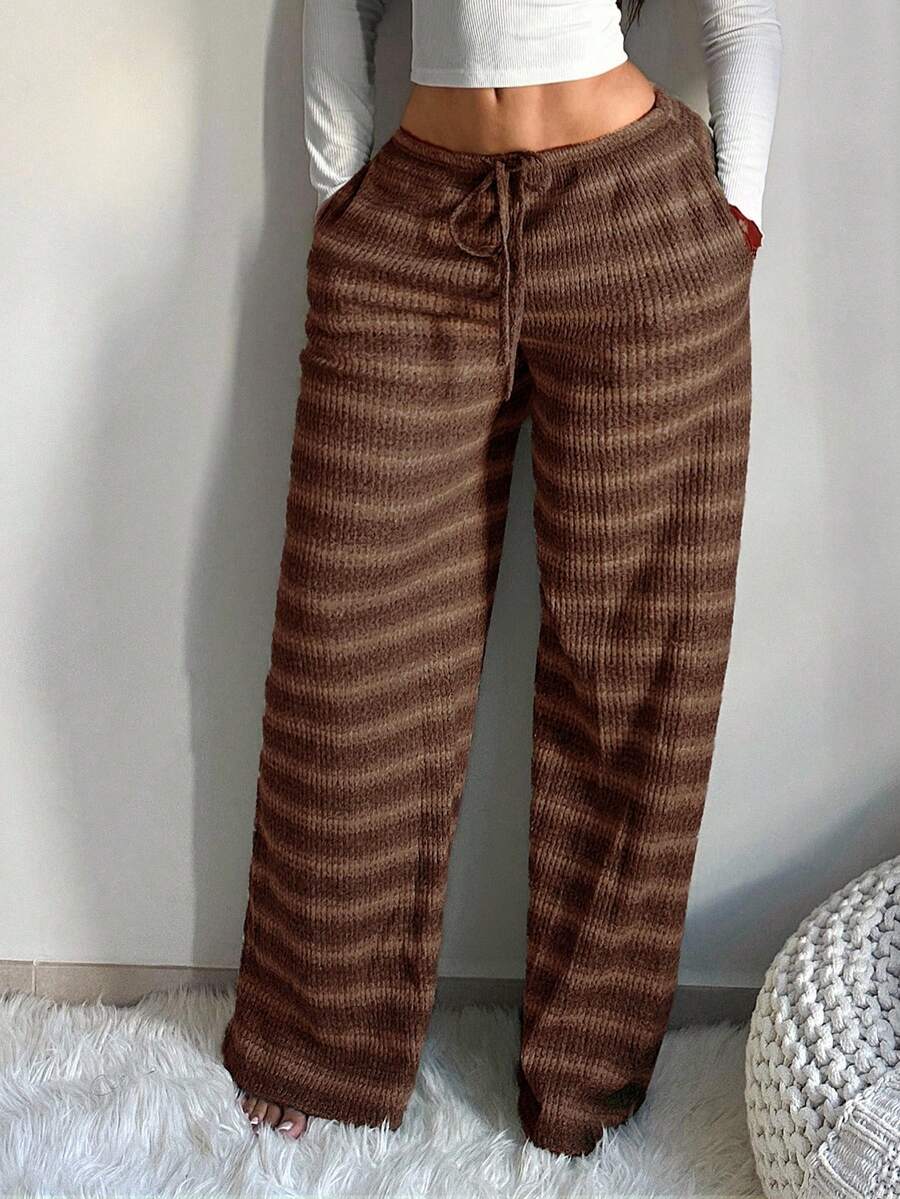 SHEIN SXY Women's Comfortable Casual Simple Low Waist Drawstring Wide Leg Pants Striped Pants Set Comfy Pants Set Women Lounge Pants Set