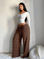 SHEIN SXY Women's Comfortable Casual Simple Low Waist Drawstring Wide Leg Pants Striped Pants Set Comfy Pants Set Women Lounge Pants Set
