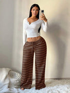 SHEIN SXY Women's Comfortable Casual Simple Low Waist Drawstring Wide Leg Pants Striped Pants Set Comfy Pants Set Women Lounge Pants Set