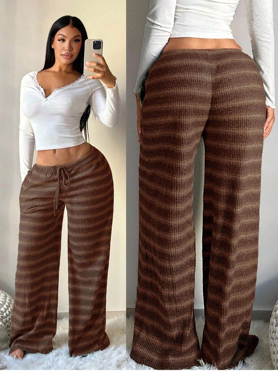 SHEIN SXY Women's Comfortable Casual Simple Low Waist Drawstring Wide Leg Pants Striped Pants Set Comfy Pants Set Women Lounge Pants Set