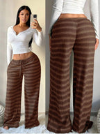 SHEIN SXY Women's Comfortable Casual Simple Low Waist Drawstring Wide Leg Pants Striped Pants Set Comfy Pants Set Women Lounge Pants Set