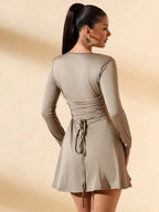 SHEIN BAE Women's Slim-Fitting Long-Sleeved High-Neck Mini Dress With Ruffled Hem, Coffee Color, Suitable For Layering, Dating Or Commuting In Autumn And Winter, Elegant Card Dress Umbrella Skirt Office Wear Work Wear Autumn Inner Wear,Summer Dresses For Women,Tea Party Dress