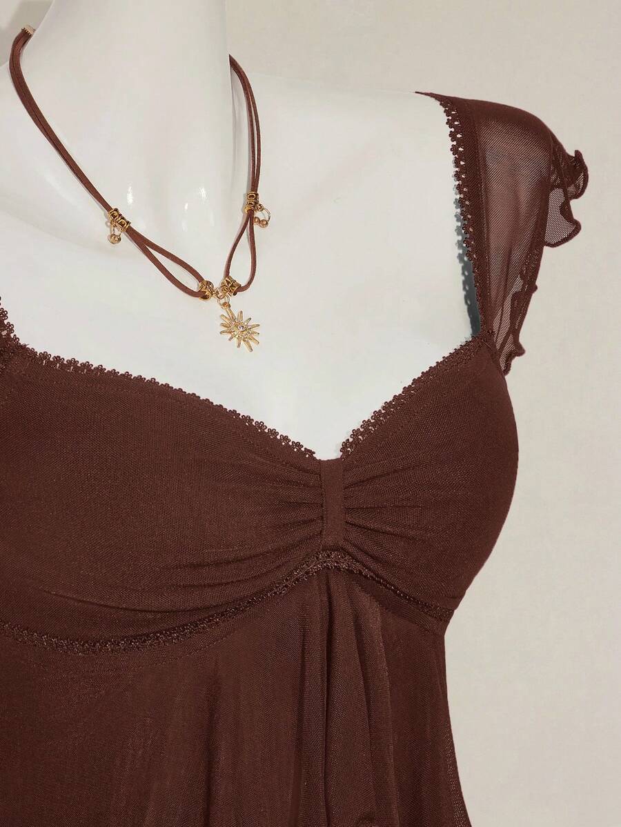 SHEIN ICON Women Ruched Front Slim-Fit Sexy Mesh Patchwork Tie Back Flutter Sleeveless Cami Top, Casual Vacation Top Ruffle Top
