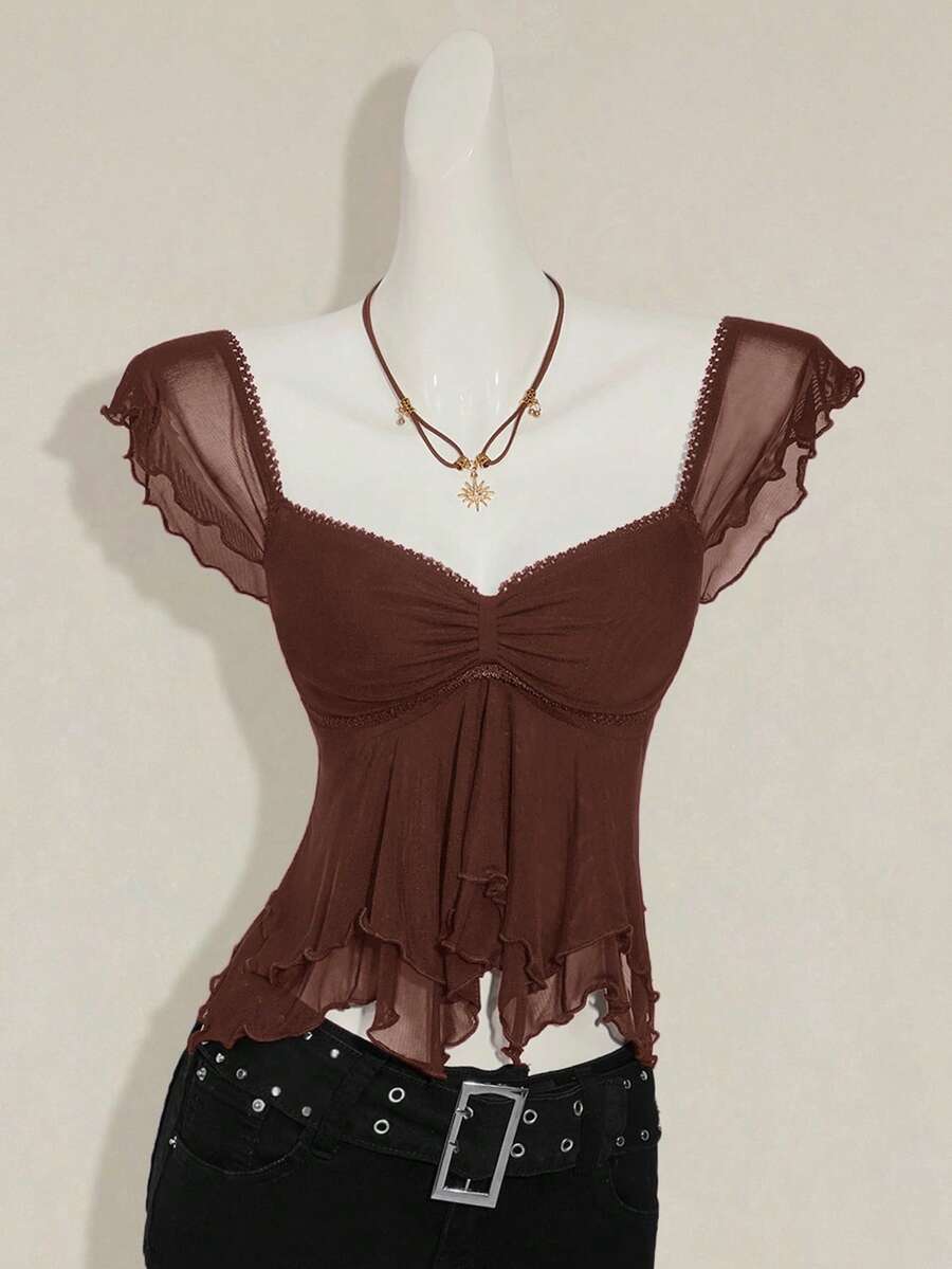 SHEIN ICON Women Ruched Front Slim-Fit Sexy Mesh Patchwork Tie Back Flutter Sleeveless Cami Top, Casual Vacation Top Ruffle Top
