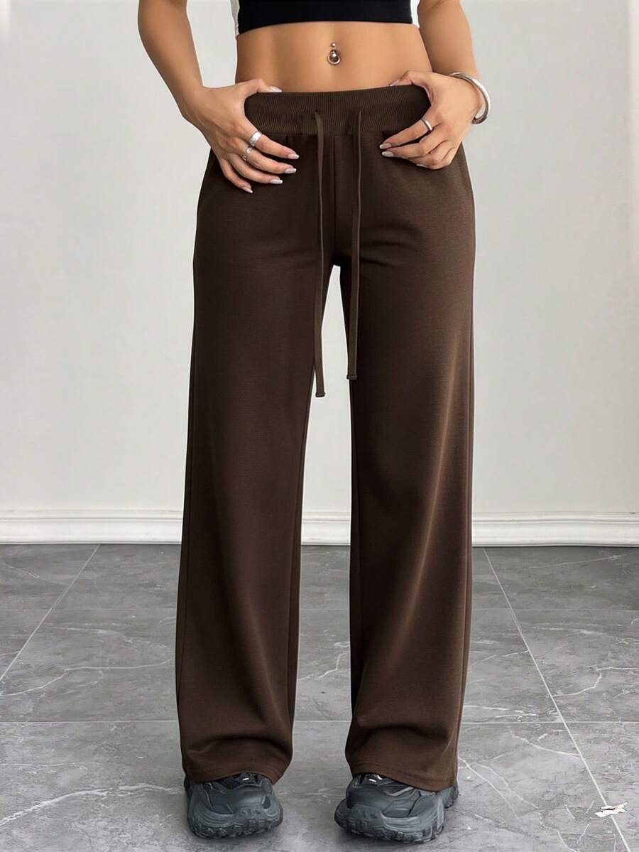 SHEIN PETITE Comfortable And Casual Plain Knitted Low-Rise Wide-Leg Women's Sweatpants Baggy