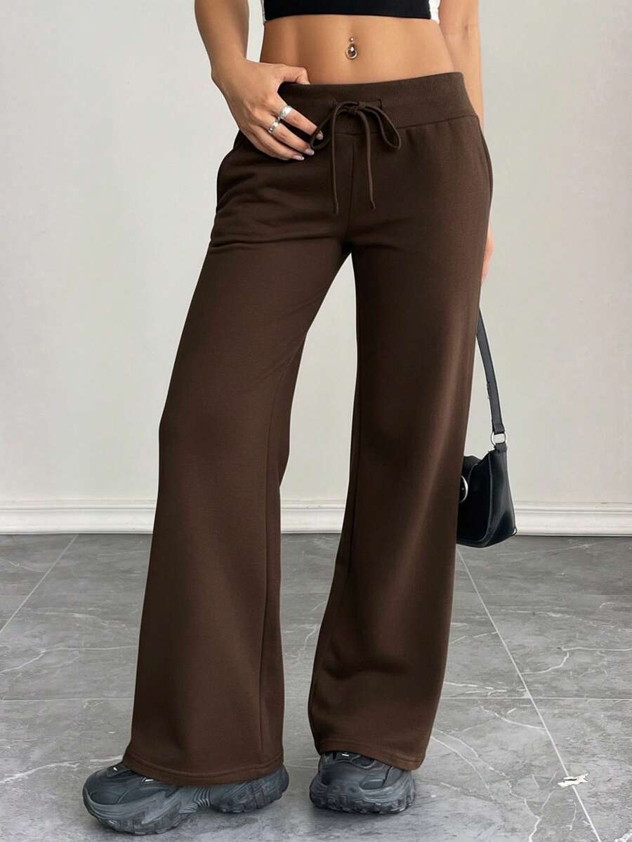 SHEIN PETITE Comfortable And Casual Plain Knitted Low-Rise Wide-Leg Women's Sweatpants Baggy