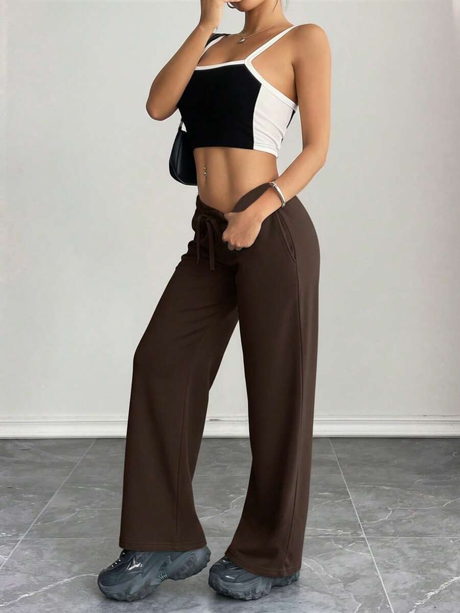 SHEIN PETITE Comfortable And Casual Plain Knitted Low-Rise Wide-Leg Women's Sweatpants Baggy