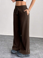SHEIN PETITE Comfortable And Casual Plain Knitted Low-Rise Wide-Leg Women's Sweatpants Baggy