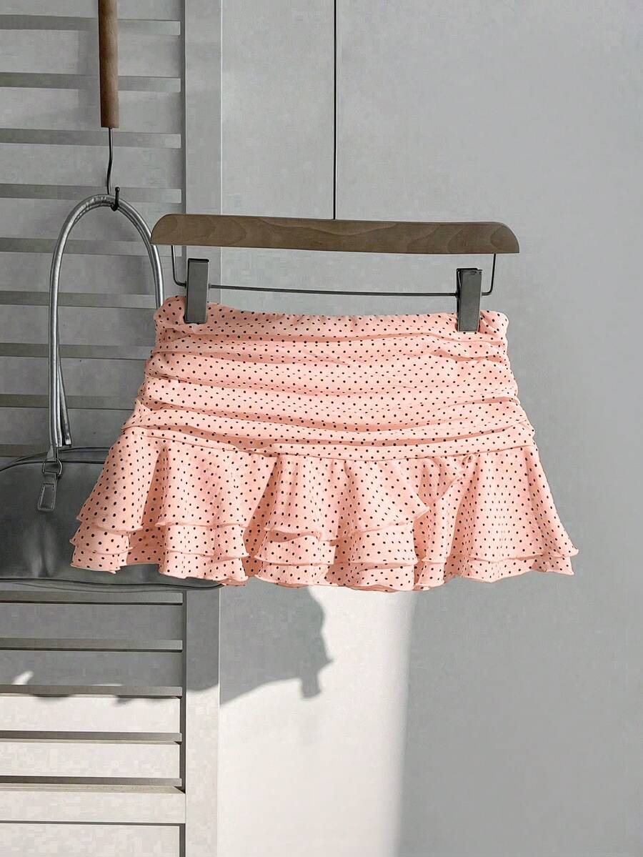 Elamini Women's Fashion Pleated Layered Decor Sweet Design Charming Polka Dot Ruffle Hem Vacation Style Skirt