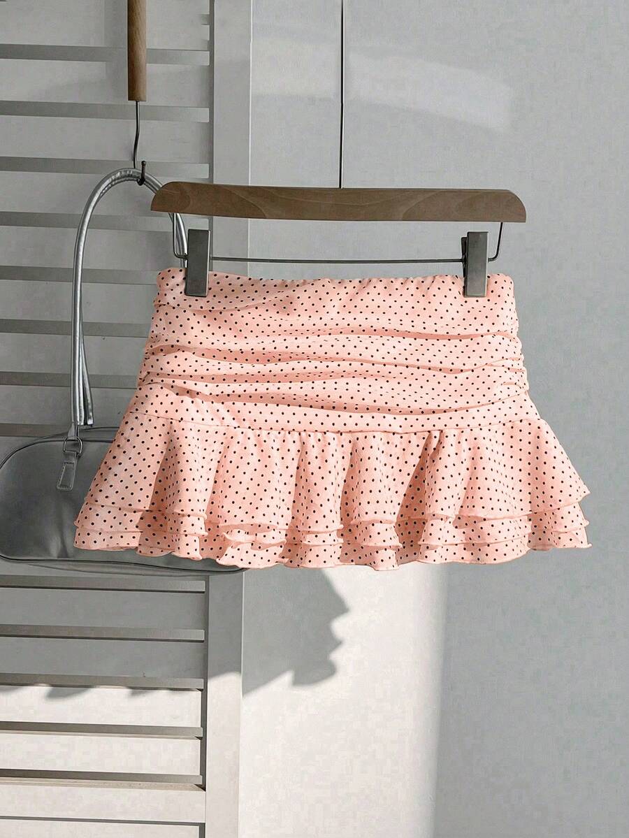 Elamini Women's Fashion Pleated Layered Decor Sweet Design Charming Polka Dot Ruffle Hem Vacation Style Skirt