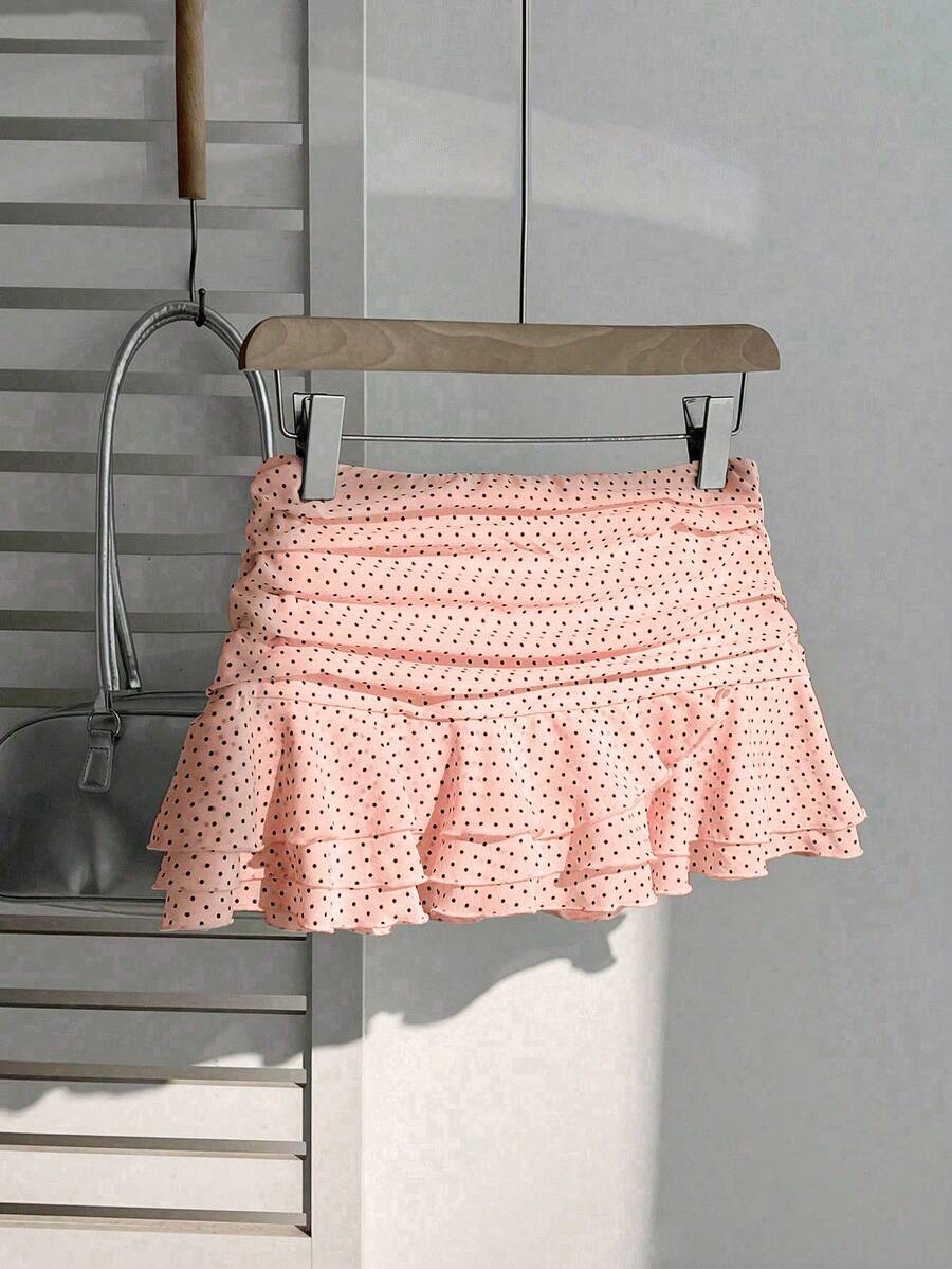 Elamini Women's Fashion Pleated Layered Decor Sweet Design Charming Polka Dot Ruffle Hem Vacation Style Skirt