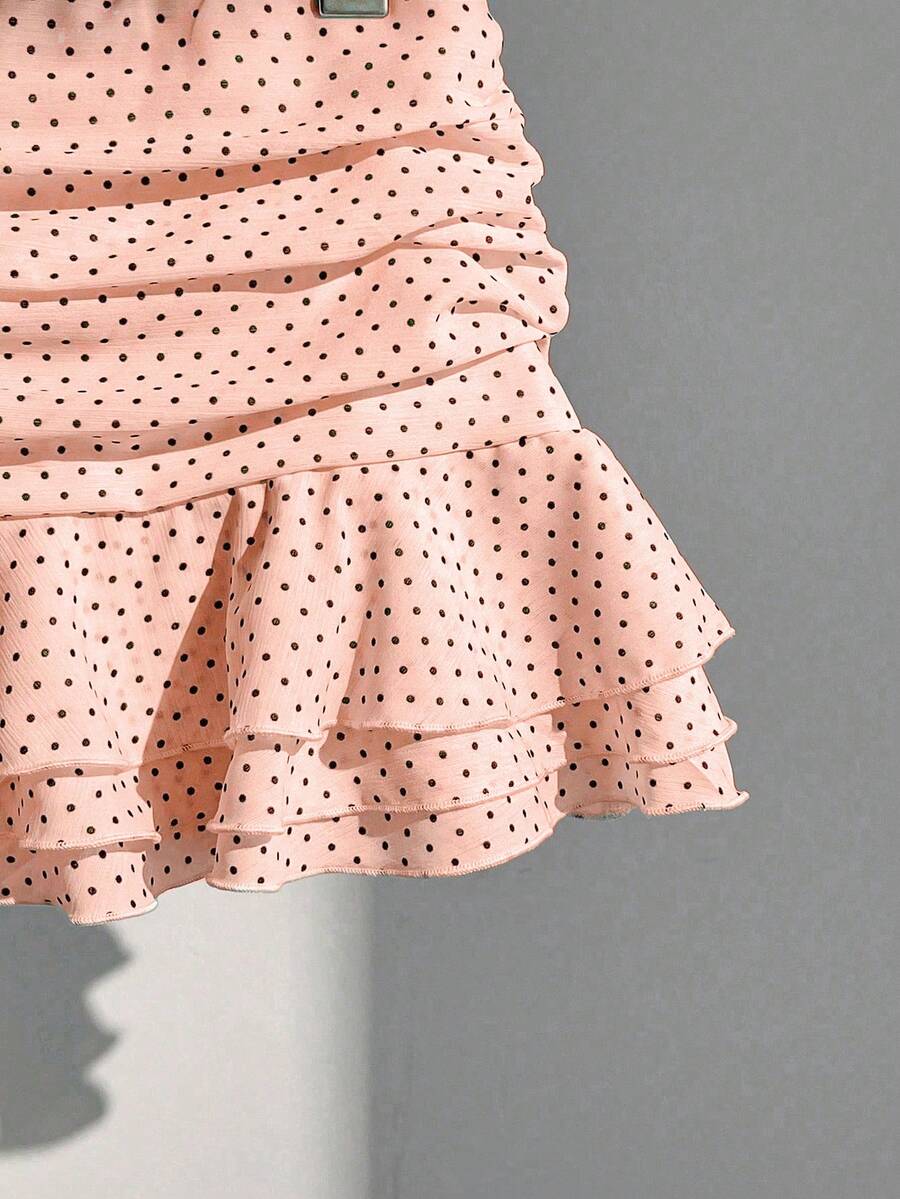 Elamini Women's Fashion Pleated Layered Decor Sweet Design Charming Polka Dot Ruffle Hem Vacation Style Skirt