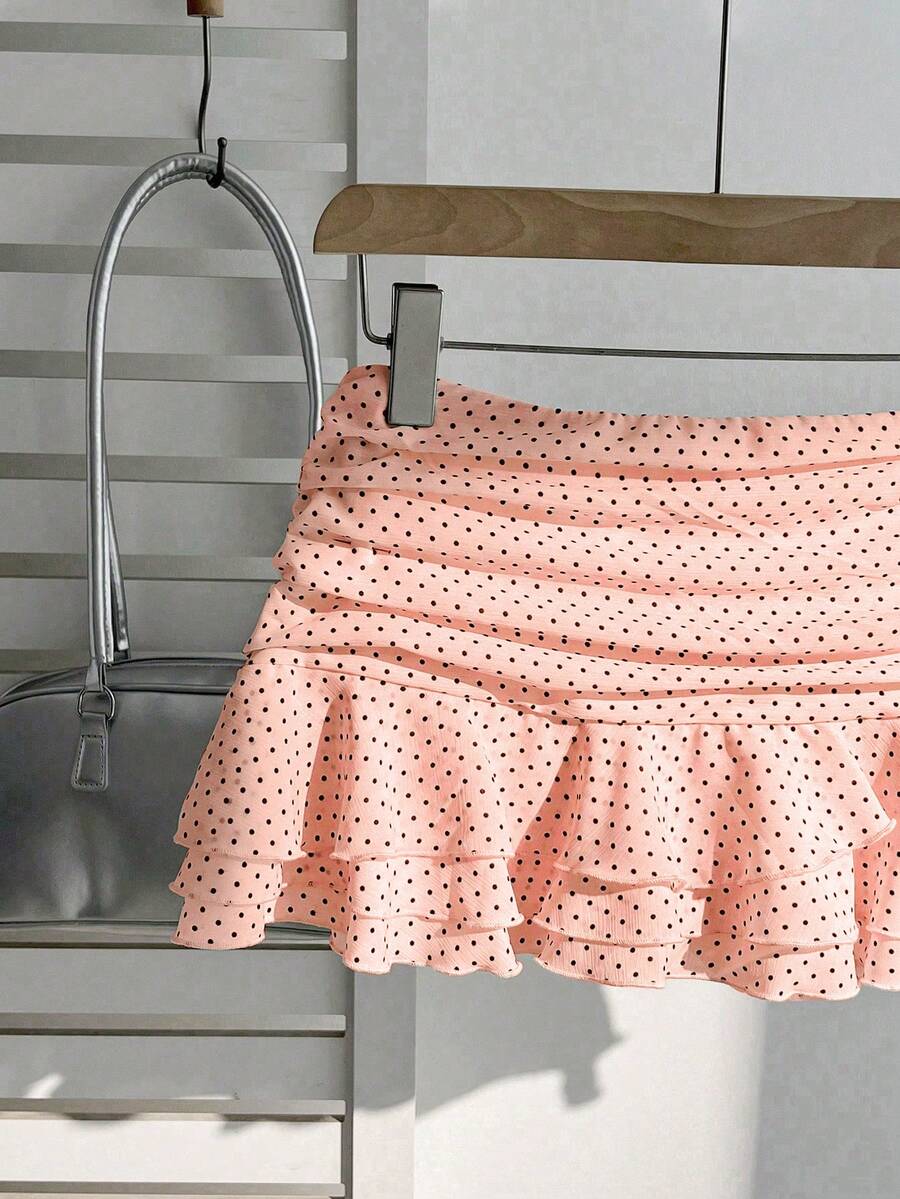 Elamini Women's Fashion Pleated Layered Decor Sweet Design Charming Polka Dot Ruffle Hem Vacation Style Skirt