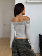 Coolane Women's Winter Streetwear Basic Casual Y2K Rib Knit Witchy Goth Music Festival  Lace Patchwork Off The Shoulder Warm/ Cold Weather/ Thermal Long Sleeve Black Top