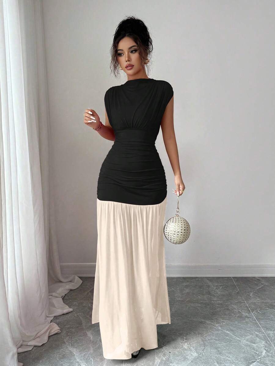 Elenzga New Fashionable Solid Red Mini Stand Collar Sleeveless Sexy Hollow-Out Mesh Splice Pleated A-Line Maxi Dress For Women, Suitable For Graduation Party, Holiday, Date
