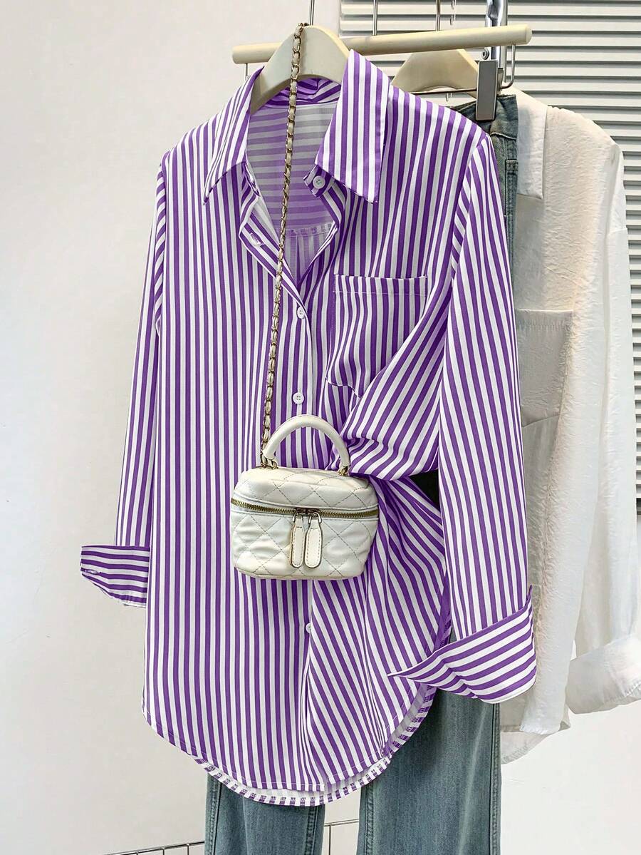 Women's Casual Basic Striped Pointed Collar Long Sleeve Shirt Blouse With Button Pockets, Suitable For Daily Office Wear, Autumn/Winter/Spring