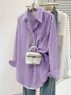 Women's Casual Basic Striped Pointed Collar Long Sleeve Shirt Blouse With Button Pockets, Suitable For Daily Office Wear, Autumn/Winter/Spring
