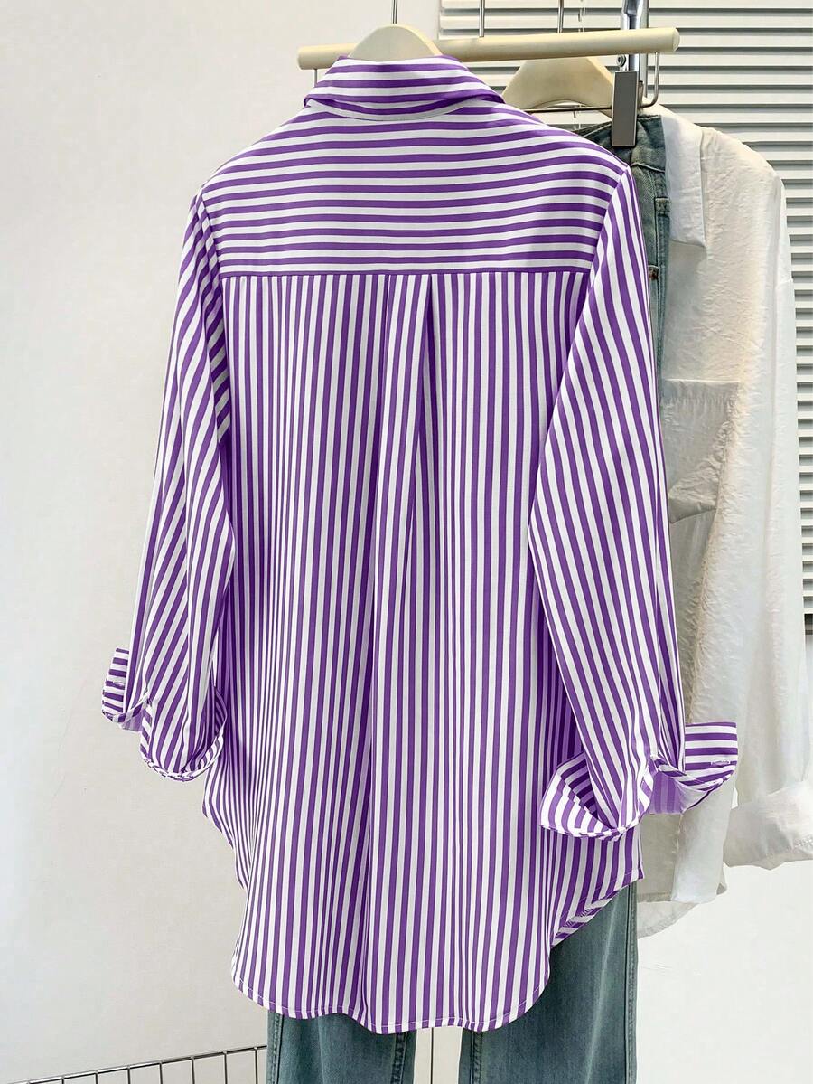 Women's Casual Basic Striped Pointed Collar Long Sleeve Shirt Blouse With Button Pockets, Suitable For Daily Office Wear, Autumn/Winter/Spring
