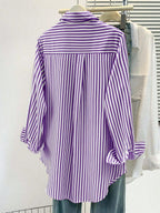 Women's Casual Basic Striped Pointed Collar Long Sleeve Shirt Blouse With Button Pockets, Suitable For Daily Office Wear, Autumn/Winter/Spring