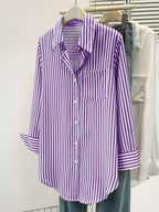 Women's Casual Basic Striped Pointed Collar Long Sleeve Shirt Blouse With Button Pockets, Suitable For Daily Office Wear, Autumn/Winter/Spring